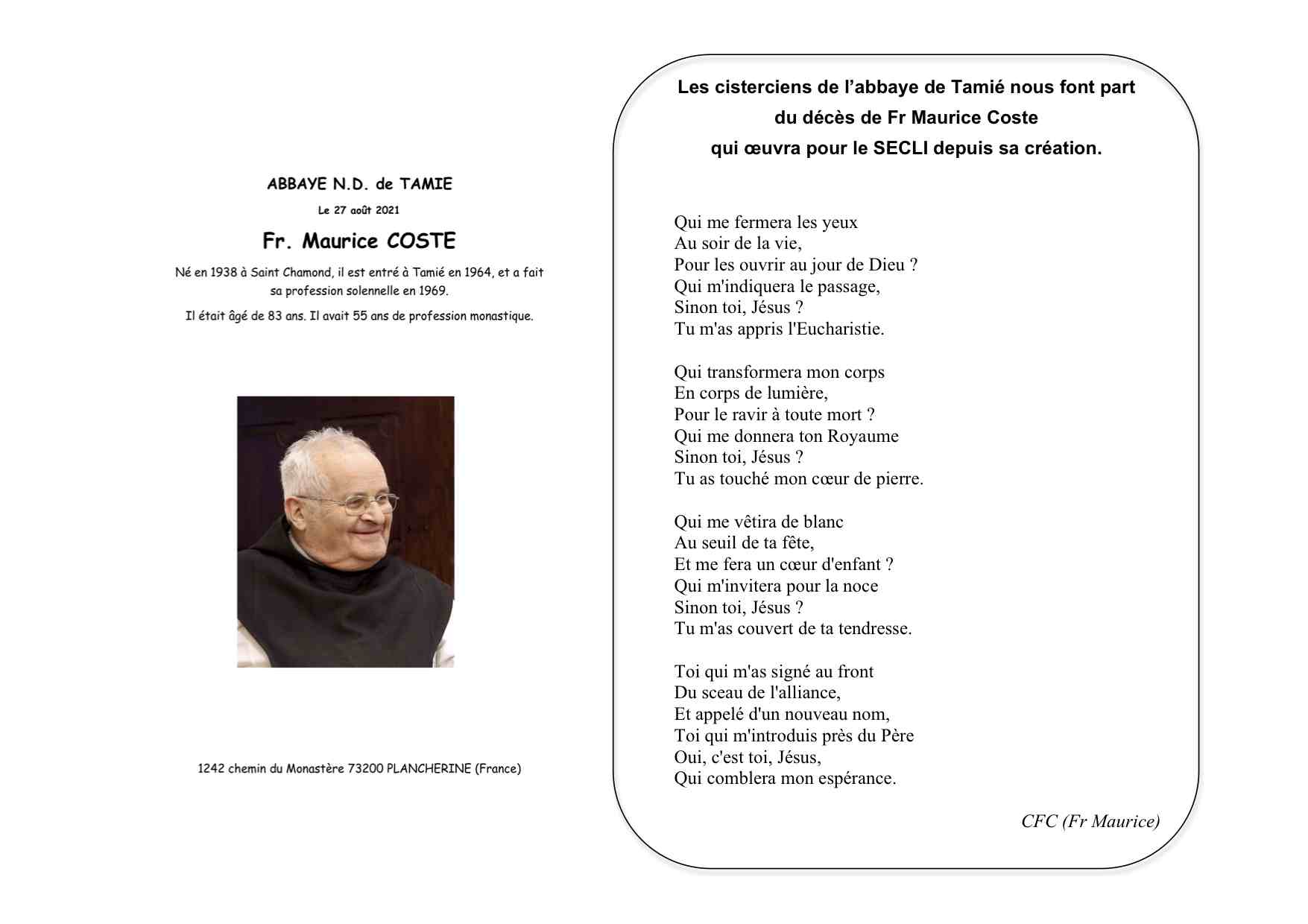Décès de  Frère Maurice Coste